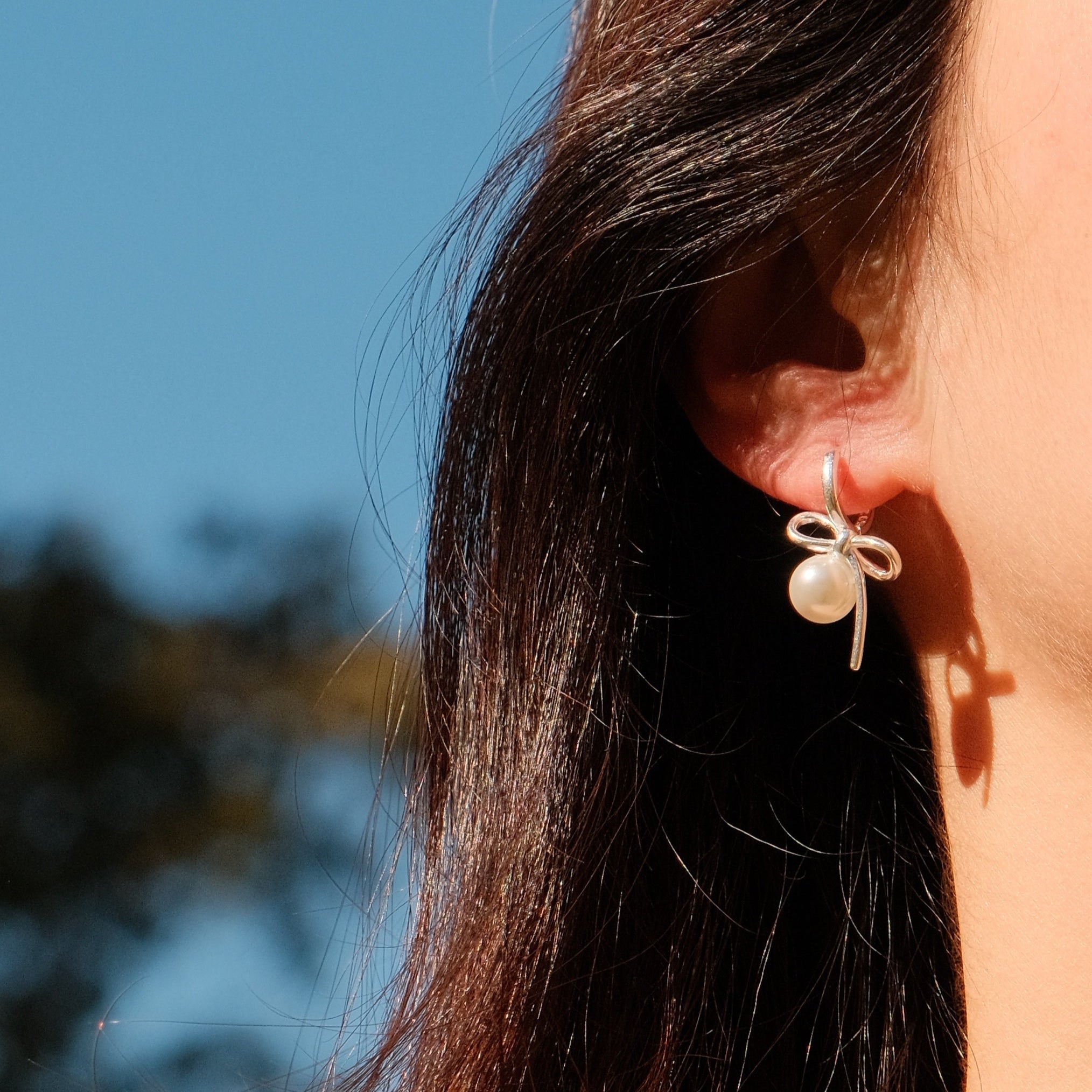 Silken Echo - Bow Pearl Earrings in Sterling Silver