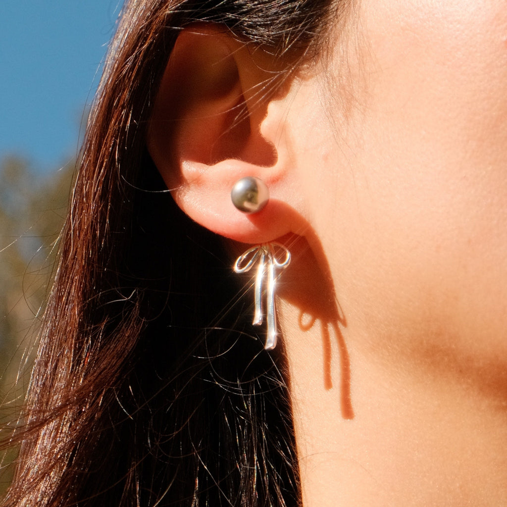 Moonlit Petal - Pearl Bow Drop Earrings