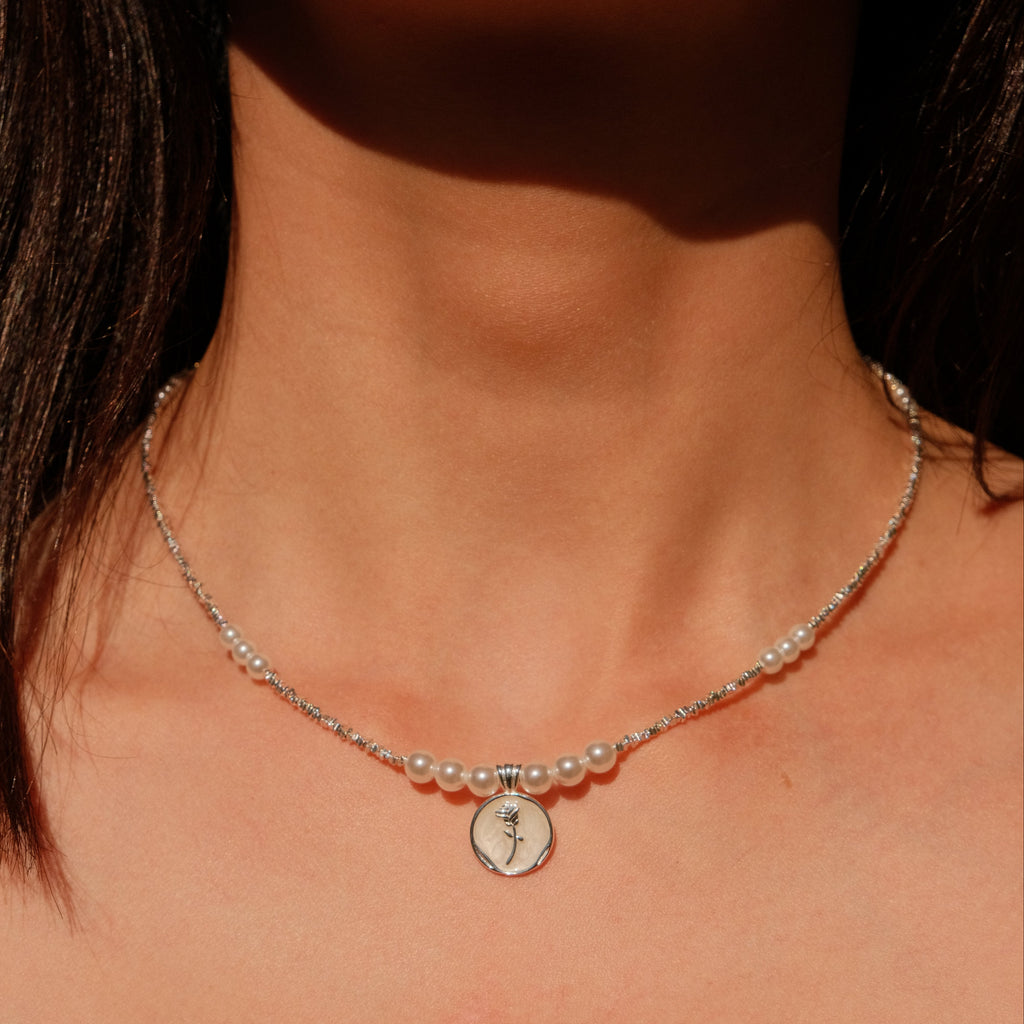 Time Comes in Roses - Pearl & Silver Rose Necklace
