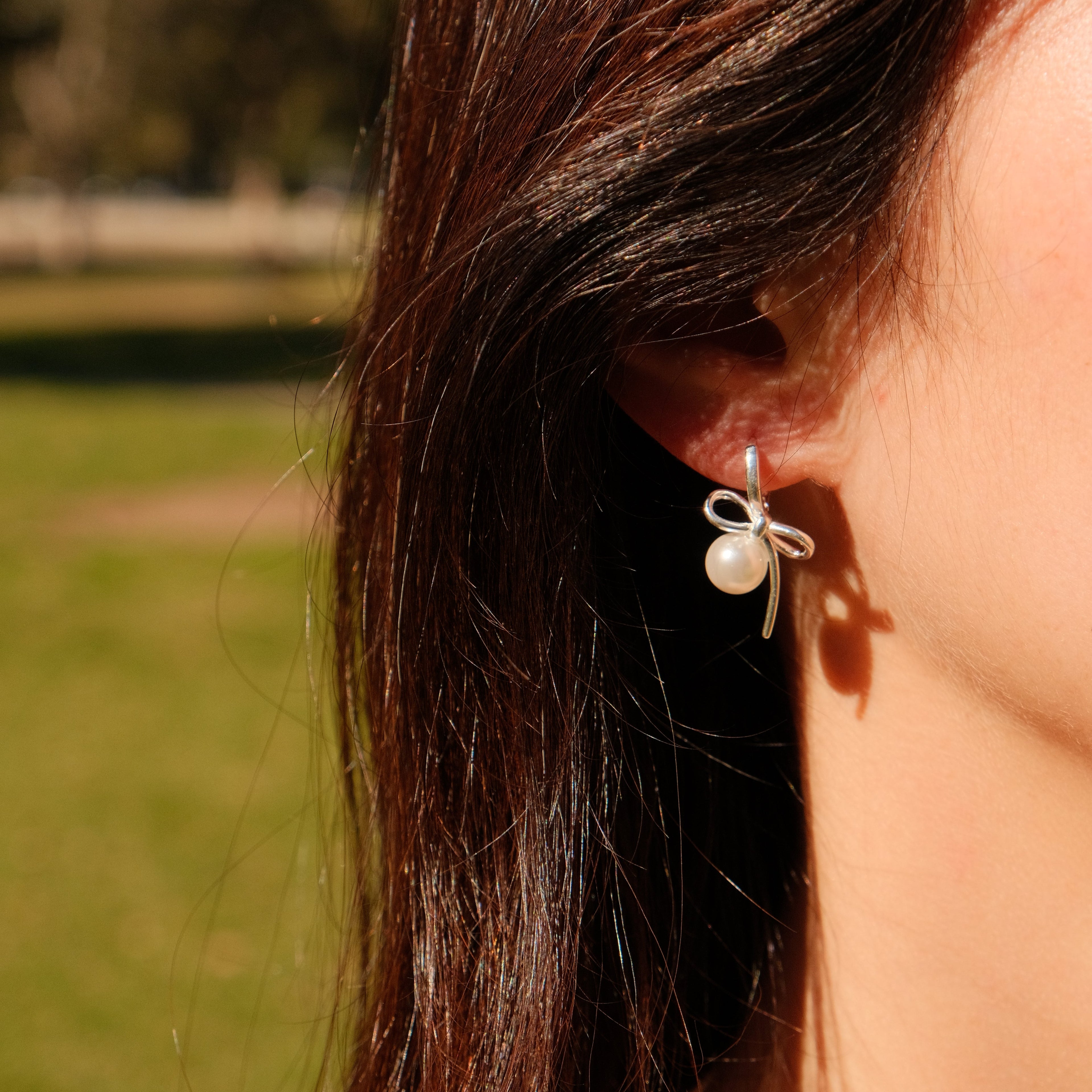 Silken Echo - Bow Pearl Earrings in Sterling Silver